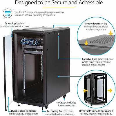 StarTech 32u 19inch Server Rack Cabinet, Adjustable Depth 6-32 Inch, Flat Pack, Lockable 4-post Network/data Rack Enclosure With Casters (RK3236BKF)