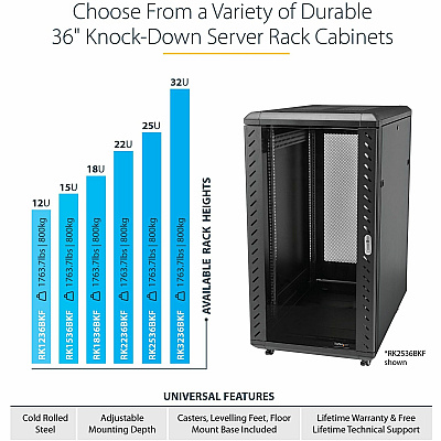 StarTech 32u 19inch Server Rack Cabinet, Adjustable Depth 6-32 Inch, Flat Pack, Lockable 4-post Network/data Rack Enclosure With Casters (RK3236BKF)