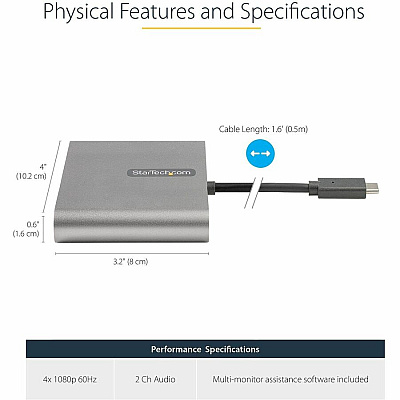 StarTech Usb C To 4 Hdmi Adapter - External Video & Graphics Card - Usb Type-c To Quad Hdmi Display Adapter Dongle - 1080p 60hz - Multi Monitor - Windows Only (USBC2HD4)