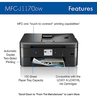 Brother MFC MFC-J1170DW Inkjet Multifunction Printer-Color-Copier/Fax/Scanner-17 ppm Mono/16.5 ppm Color Print-6000x1200 dpi Print-Automatic Duplex Print-150 sheets Input-Color Flatbed Scanner-1200 dpi Optical Scan-Color Fax-Wireless LAN