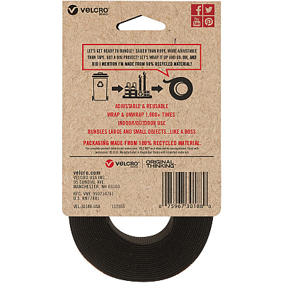 Velcro Strap,Adjustable,Reusable,Recycled,1"x10',Black (VEK30188)