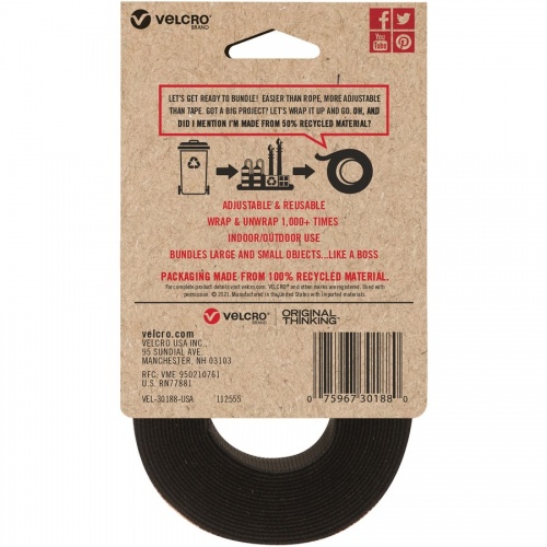 Velcro Strap,Adjustable,Reusable,Recycled,1"x10',Black (30188)