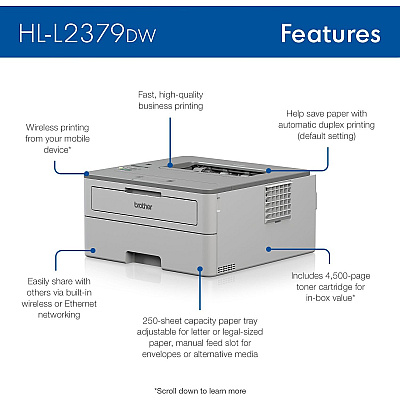 Brother Workhorse HL-L2379DW Desktop Wireless Laser Printer - Monochrome