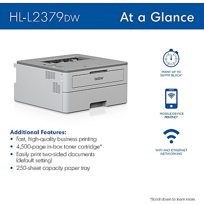 Brother Workhorse HL-L2379DW Desktop Wireless Laser Printer - Monochrome