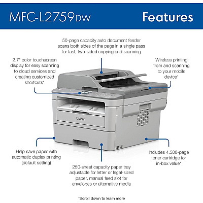Brother Workhorse MFC-L2759DW Wireless Laser Multifunction Printer - Monochrome