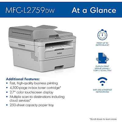Brother Workhorse MFC-L2759DW Wireless Laser Multifunction Printer - Monochrome