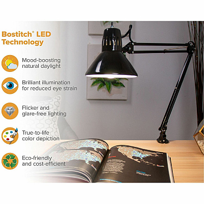Bostitch Swing Arm Desk Lamp with Clamp, Black (VLF100)