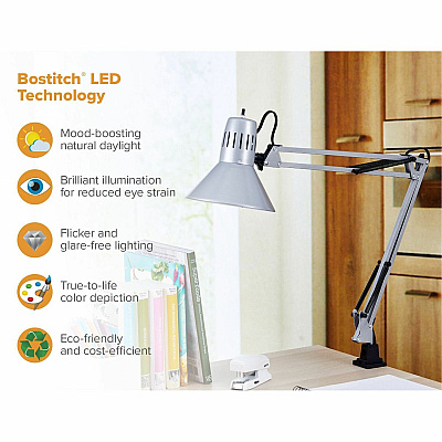 Bostitch Swing Arm Desk Lamp with Clamp, Silver (VLF100SLV)