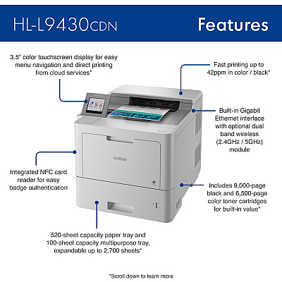 Brother Workhorse HL-L9430CDN Enterprise Color Laser Printer with Fast Printing, Large Paper Capacity, and Advanced Security Features