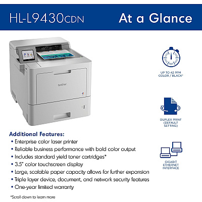 Brother Workhorse HL-L9430CDN Enterprise Color Laser Printer with Fast Printing, Large Paper Capacity, and Advanced Security Features