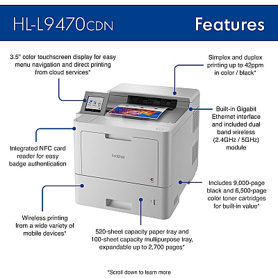 Brother Workhorse HL-L9470CDN Enterprise Color Laser Printer with Fast Printing, Large Paper Capacity, and Advanced Security Features
