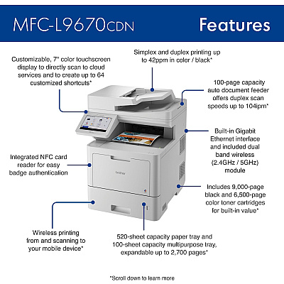 Brother Workhorse MFC-L9670CDN Enterprise Color Laser All-in-One Printer with Fast Printing, Large Paper Capacity, and Advanced Security Features