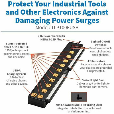 Tripp Lite Protect It! 10-Outlet Surge Protector with Swivel Light Bars - 5-15R Outlets, 2 USB Ports, 6 ft. (1.8 m) Cord, 1350 Joules, Black (TLP1006USB)