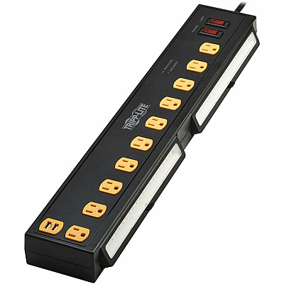 Tripp Lite Protect It! 10-Outlet Surge Protector with Swivel Light Bars - 5-15R Outlets, 2 USB Ports, 6 ft. (1.8 m) Cord, 1350 Joules, Black (TLP1006USB)
