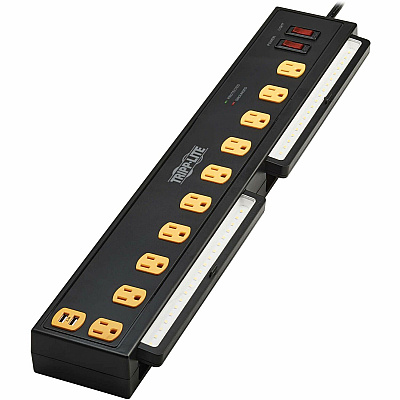 Tripp Lite Protect It! 10-Outlet Surge Protector with Swivel Light Bars - 5-15R Outlets, 2 USB Ports, 6 ft. (1.8 m) Cord, 1350 Joules, Black (TLP1006USB)