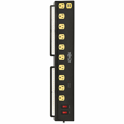 Tripp Lite Protect It! 10-Outlet Surge Protector with Swivel Light Bars - 5-15R Outlets, 2 USB Ports, 6 ft. (1.8 m) Cord, 1350 Joules, Black (TLP1006USB)