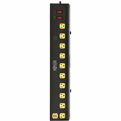 Tripp Lite Protect It! 10-Outlet Surge Protector with Swivel Light Bars - 5-15R Outlets, 2 USB Ports, 6 ft. (1.8 m) Cord, 1350 Joules, Black (TLP1006USB)