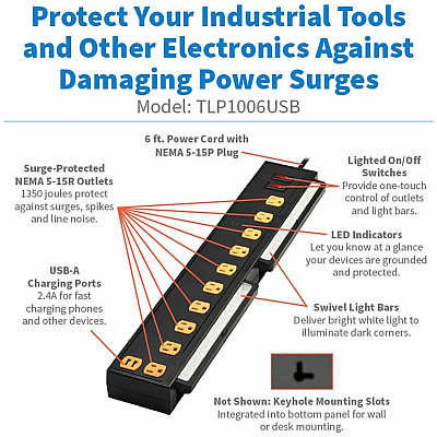 Tripp Lite Protect It! 10-Outlet Surge Protector with Swivel Light Bars - 5-15R Outlets, 2 USB Ports, 6 ft. (1.8 m) Cord, 1350 Joules, Black (TLP1006USB)