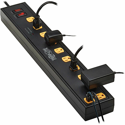 Tripp Lite Protect It! 10-Outlet Surge Protector with Swivel Light Bars - 5-15R Outlets, 2 USB Ports, 6 ft. (1.8 m) Cord, 1350 Joules, Black (TLP1006USB)