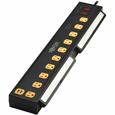 Tripp Lite Protect It! 10-Outlet Surge Protector with Swivel Light Bars - 5-15R Outlets, 2 USB Ports, 6 ft. (1.8 m) Cord, 1350 Joules, Black (TLP1006USB)