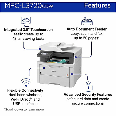 Brother MFC-L3720CDW Wireless Digital Color All-in-One Printer with Laser Quality Output, Copy, Scan and Fax, Duplex and Mobile Printing