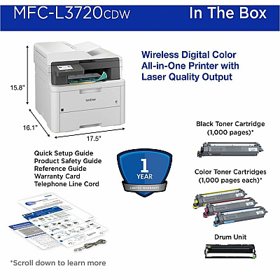 Brother MFC-L3720CDW Wireless Digital Color All-in-One Printer with Laser Quality Output, Copy, Scan and Fax, Duplex and Mobile Printing