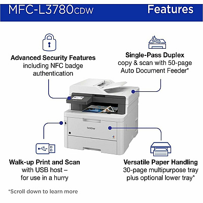 Brother MFC-L3780CDW Wireless Digital Color All-in-One Printer with Laser Quality Output, Copy, Scan, and Fax, Single Pass Duplex Copy and Scan, Duplex and Mobile Printing, Gigabit Ethernet