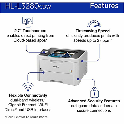 Brother HL-L3280CDW Wireless Compact Digital Color Printer with Laser Quality Output, Duplex and Mobile Printing & Ethernet
