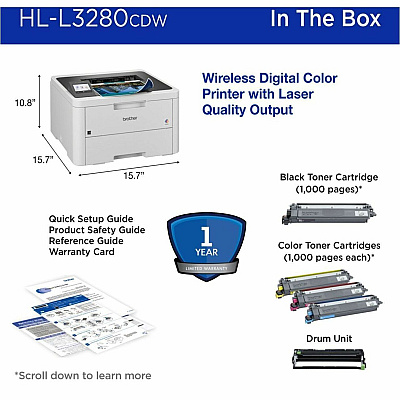 Brother HL-L3280CDW Wireless Compact Digital Color Printer with Laser Quality Output, Duplex and Mobile Printing & Ethernet