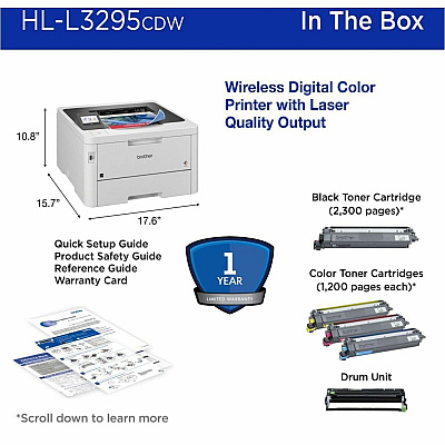 Brother HL-L3295CDW Wireless Compact Digital Color Printer with Laser Quality Output, Duplex, NFC and Mobile Printing & Ethernet