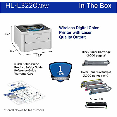 Brother HL-L3220CDW Wireless Compact Digital Color Printer with Laser Quality Output, Duplex and Mobile Device Printing