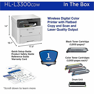 Brother HL-L3300CDW Wireless Digital Color Multi-Function Printer with Laser Quality Output, with Copy & Scan, Duplex and Mobile Printing