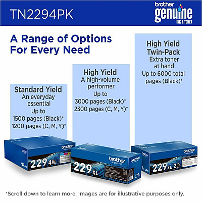 Brother Genuine TN2294PK Standard Yield Toner Cartridge Multipack (Includes 1 cartridge each of Black, Cyan, Magenta, and Yellow Toner)