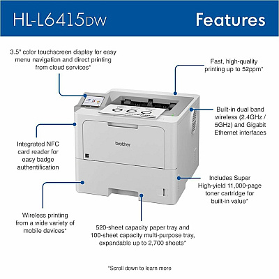 Brother HL HL-L6415DW Desktop Wireless Laser Printer - Monochrome