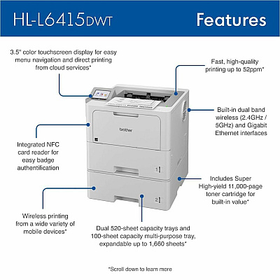 Brother HL HL-L6415DWT Desktop Wireless Laser Printer - Monochrome