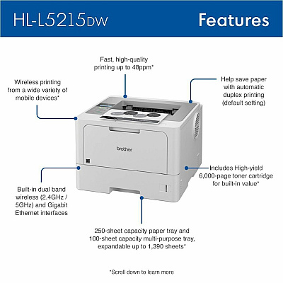 Brother HL HL-L5215DW Desktop Wireless Laser Printer - Monochrome