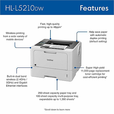 Brother HL HL-L5210DW Desktop Wireless Laser Printer - Monochrome