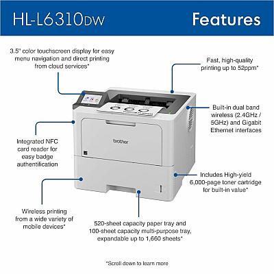 Brother HL HL-L6310DW Desktop Wireless Laser Printer - Monochrome