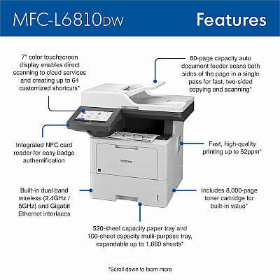 Brother MFC-L6810DW Enterprise Monochrome Laser All-in-One Printer with Low-cost Printing, Large Paper Capacity, Wireless Networking, Advanced Security Features, and Duplex Print, Scan, and Copy