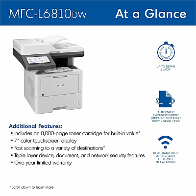 Brother MFC-L6810DW Enterprise Monochrome Laser All-in-One Printer with Low-cost Printing, Large Paper Capacity, Wireless Networking, Advanced Security Features, and Duplex Print, Scan, and Copy