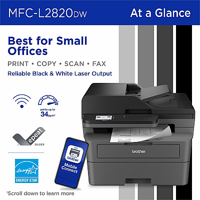 Brother Wireless MFC-L2820DW Compact Monochrome All-in-One Laser Printer with Copy, Scan and Fax, Duplex and Mobile Printing