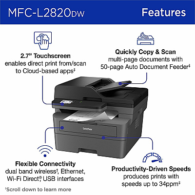 Brother Wireless MFC-L2820DW Compact Monochrome All-in-One Laser Printer with Copy, Scan and Fax, Duplex and Mobile Printing