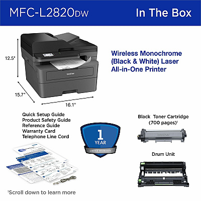 Brother Wireless MFC-L2820DW Compact Monochrome All-in-One Laser Printer with Copy, Scan and Fax, Duplex and Mobile Printing