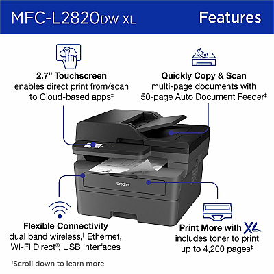 Brother Wireless MFC-L2820DW XL Compact Monochrome All-in-One Laser Printer with Copy, Scan and Fax, up to 4,200 pages¹ of toner included, Duplex and Mobile Printing