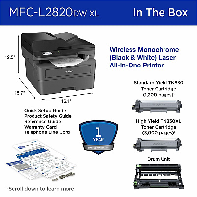 Brother Wireless MFC-L2820DW XL Compact Monochrome All-in-One Laser Printer with Copy, Scan and Fax, up to 4,200 pages¹ of toner included, Duplex and Mobile Printing