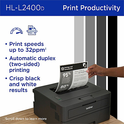 Brother HL-L2400D Compact Monochrome Laser Printer, Duplex, USB-connected, clear, sharp black & white printing