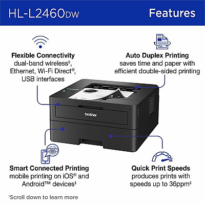 Brother Wireless HL-L2460DW Compact Monochrome Laser Printer, Duplex and Mobile Printing