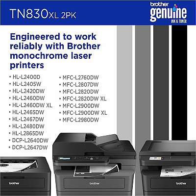 Brother Genuine TN830XL 2PK High Yield Black Toner Cartridge Twin-Pack