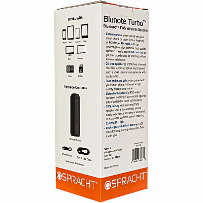 Spracht Blunote Turbo Portable Bluetooth Speaker System - 20 W RMS - Matte Black (SPTWS5010)
