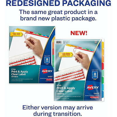 Avery(R) 8 Tab Dividers for 3 Ring Binder, Easy Print & Apply Clear Label Strip, Index Maker(R) Customizable Multicolor Tabs, 1 Set (AVE11407)